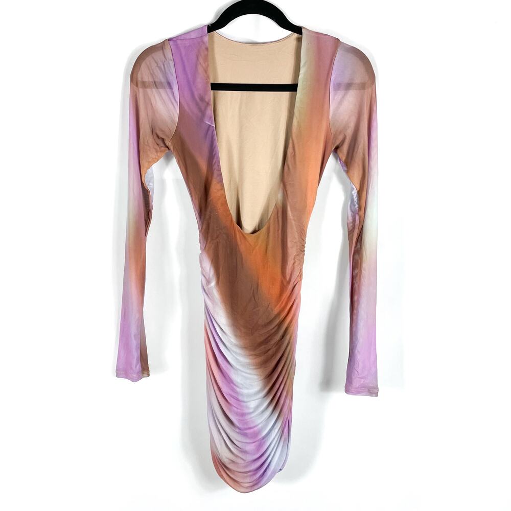 AFRM Maya Mesh Mini Dress Purple Motif Ruched Backless Long Sleeve Bodycon Sz XS - Picture 12 of 16